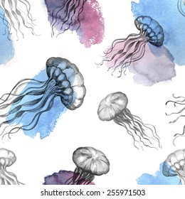 Hand drawn watercolor jellyfish. Seamless pattern. Vector.