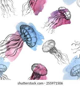 Hand drawn watercolor jellyfish. Seamless pattern. Vector.