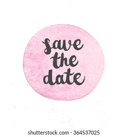 Hand drawn watercolor label, purple circle with brush lettering Save the date and grunge texture on backdrop