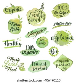 Hand drawn watercolor labels and badges for organic food, restaurant and natural products. Vector illustration set for graphic and web design.