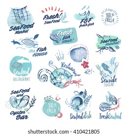 Hand drawn watercolor labels and badges of seafood. Set of vector illustrations for menu, food and drink, restaurant and fish market.