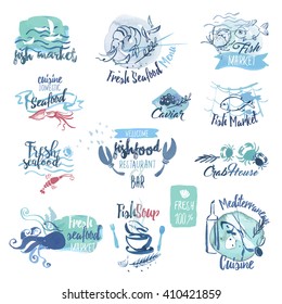 Hand drawn watercolor labels and elements of seafood. Set of vector illustrations for menu, food and drink, restaurant and fish market.