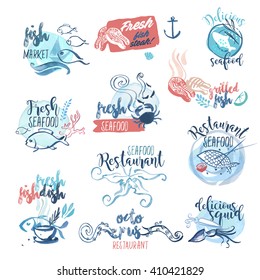 Hand drawn watercolor labels and signs of seafood. Set of vector illustrations for menu, food and drink, restaurant and fish market.