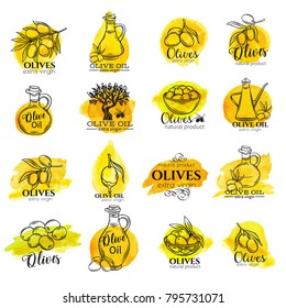 Hand drawn watercolor labels and signs of olive oil. Vector hand drawn olives, tree branches, glass bottle, jug , and olive oil. Illustration outline in retro sketch style.