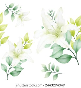 Hand drawn watercolor lily seamless pattern