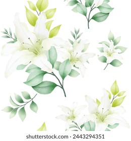 Hand drawn watercolor lily seamless pattern