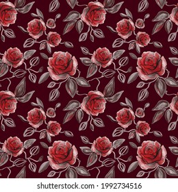 Hand Drawn Watercolor And Line Art Floral Seamless Pattern With Tender Pink Peonies, Roses In Vector On The Dark Red Background. Flowering Rose Branch Texture, Print.