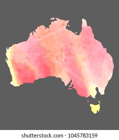 hand drawn watercolor map of Australia isolated on GREY. watercolor texture red and yellow colors. Vector version