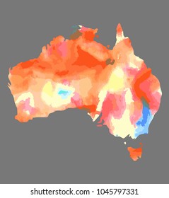 hand drawn watercolor map of Australia isolated on white. watercolors texture red, green, blue, orange and yellow colors. Vector version