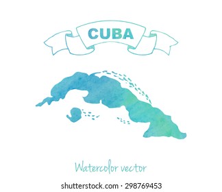Hand drawn watercolor map of Cuba isolated, Blue, green, turquoise colors, Watercolor ribbon with Cuba, Vector Watercolor Background, teal Blue Watercolor Background