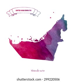 Hand drawn watercolor map of United Arab Emirates isolated, Purple, violet, dark red colors, Watercolor ribbon with UAE, Vector Watercolor Background