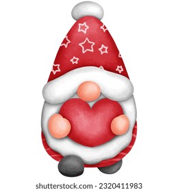 Hand drawn watercolor merry Christmas Gnome holding heart.  New year greeting decoration.