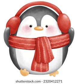 Hand drawn watercolor merry Christmas penguin.  New year greeting decoration.