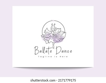 handgezeichnete Aquarellfarben, modernes, einzigartiges Logo für eine Ballettschule oder ein Tanzstudio. Mädchen im Linienstil mit violettem Kleid einzeln auf weißem Hintergrund. Vektorgrafik-Logo