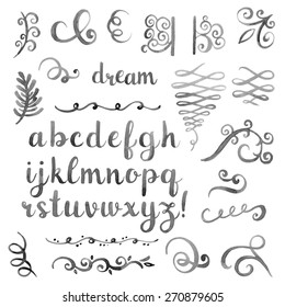 Hand drawn watercolor monochrome design elements. Elegant calligraphic flourishes and artistic font.