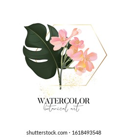 Hand drawn watercolor monstera palm leaves and colorful Tropical flowers design with gold frame and  text elements, luxury logo, branding template design. Paradise party greeting in vector.