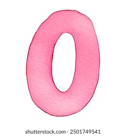 Hand drawn watercolor number 0. Pink painting of the number zero isolated on a white background. 