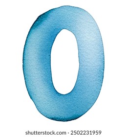 Hand drawn watercolor number 0. Blue painting of the number zero isolated on a white background. 