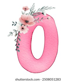 Hand drawn watercolor number 0 with delicate flowers. Pink painting of the number zero.