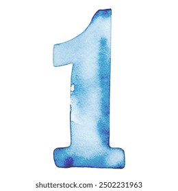 Hand drawn watercolor number 1. Blue painting of the number one isolated on a white background. 