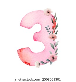 Hand drawn watercolor number 3 with delicate flowers. Pink painting of the number three.