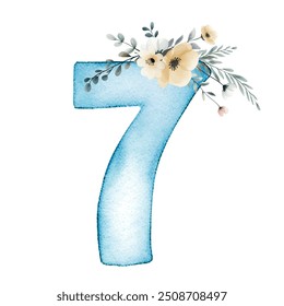 Hand drawn watercolor number 7 with delicate watercolor flowers. Blue painting of the number seven.