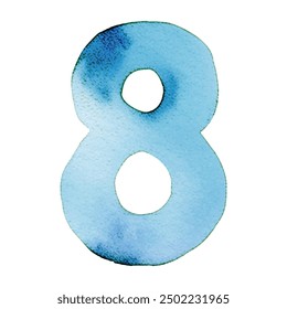 Hand drawn watercolor number 8. Blue painting of the number eight isolated on a white background. 