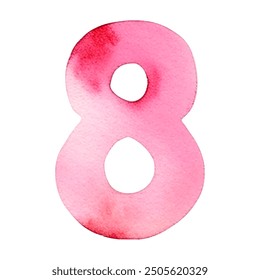 Hand drawn watercolor number 8. Pink painting of the number eight isolated on a white background. 