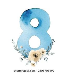 Hand drawn watercolor number 8 with delicate watercolor flowers. Blue painting of the number eight.