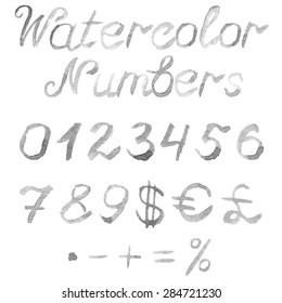 Hand drawn watercolor numbers. Handwritten grey font isolated on white background. Contains numbers 0,1,2,3,4,5,6,7,8,9, currency symbols and mathematical signs. Real watercolor texture.