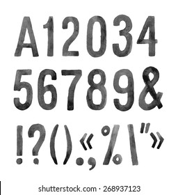 Hand drawn watercolor numbers and symbols font set.
