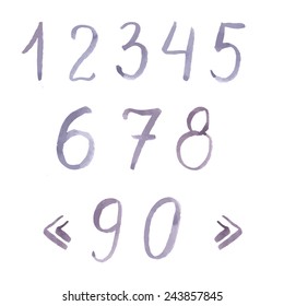 Hand drawn watercolor numerals pastel violet color. 0 to 9 symbols