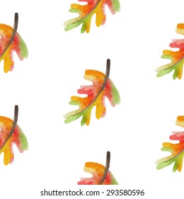 Hand drawn watercolor oak leaf seamless pattern. Vector.