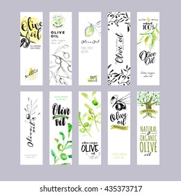 Hand drawn watercolor olive oil labels collection. Vector illustrations concepts for olive oil packaging.