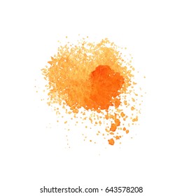 Hand drawn watercolor paint orange blot with splatter isolated on the white background. Vector.