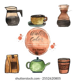 Hand drawn watercolor painting all about coffee