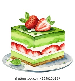 Hand drawn watercolor painting of a Birthday cake slice, sweet dessert. Matcha cheesecake with strawberries, featuring a sliced piece of creamy dessert topped with vanilla cream and fresh strawberries