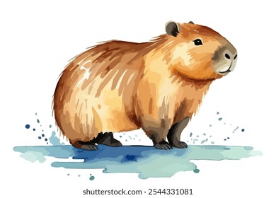 Dibujado a mano acuarela pintura de un capibara sobre un fondo blanco. Este simpático roedor está representado en colores vibrantes suaves, perfecto para libros infantiles, temas de vida silvestre y diseños juguetones