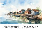 hand drawn watercolor painting of coastal scenery. seascape painting with fishing boats, clear water, reflection,sea,coast,beach,pier,island,village,building,market and beautiful blue sky