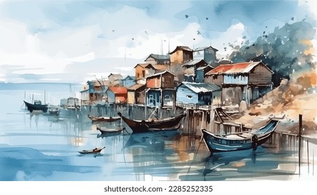 hand drawn watercolor painting of coastal scenery. seascape painting with fishing boats, clear water, reflection,sea,coast,beach,pier,island,village,building,market and beautiful blue sky