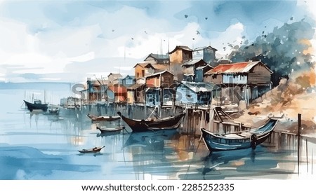 hand drawn watercolor painting of coastal scenery. seascape painting with fishing boats, clear water, reflection,sea,coast,beach,pier,island,village,building,market and beautiful blue sky