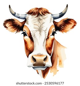 Pintura de acuarela dibujada a mano de una cabeza de vaca aislada sobre fondo blanco. Ilustración vectorial de animales de granja.