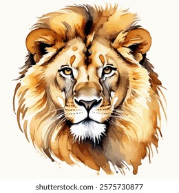 Hand drawn watercolor painting of a cute Lion Portrait isolated on white background. African feline colored art. Wild animals collection vector illustration.