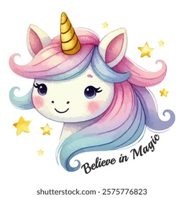 Hand drawn watercolor painting of a cute Unicorn with stars and quote inside Believe in Magic T-Shirt Design. Magic animal vector illustration drawing by hand