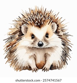 Hand drawn watercolor painting of a of a Hedgehog Portrait. Cute fluffy forest animal with spiky needles, side view, isolated on white background