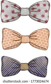 Hand drawn watercolor painting isolated style vintage pattern bowties vector element on white background. Colours are not changeable.