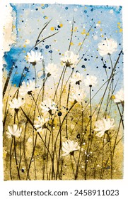 hand drawn watercolor painting of little wildflowers. landscape painting with blooming white petals,buds,stem, chamomile, plant silhouette,abstract background,meadow,flower field bushes