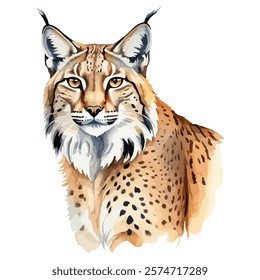 Hand drawn watercolor painting of a Lynx, wild feline animal. Cute forest cat, beast isolated on white background.  Arctic animal vector illustration