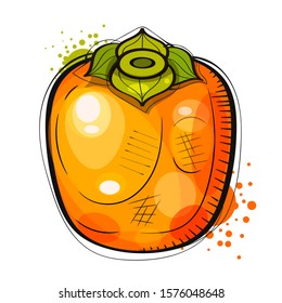 Hand Drawn Watercolor Painting On White Background. Illustration Of Fruit Persimmon Vector . Suitable For Greeting Card, Poster Or T-shirt Printing.