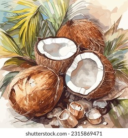 Hand drawn watercolor painting on white background. Tropical palm leaves with Coconuts isolated. Nature Fruit illustration. Eco vegan organic food